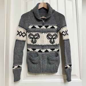 TNA Sea To Sky Grey Cream Black Lambswool Zip Up Cowl Neck Cardigan. Size  XS